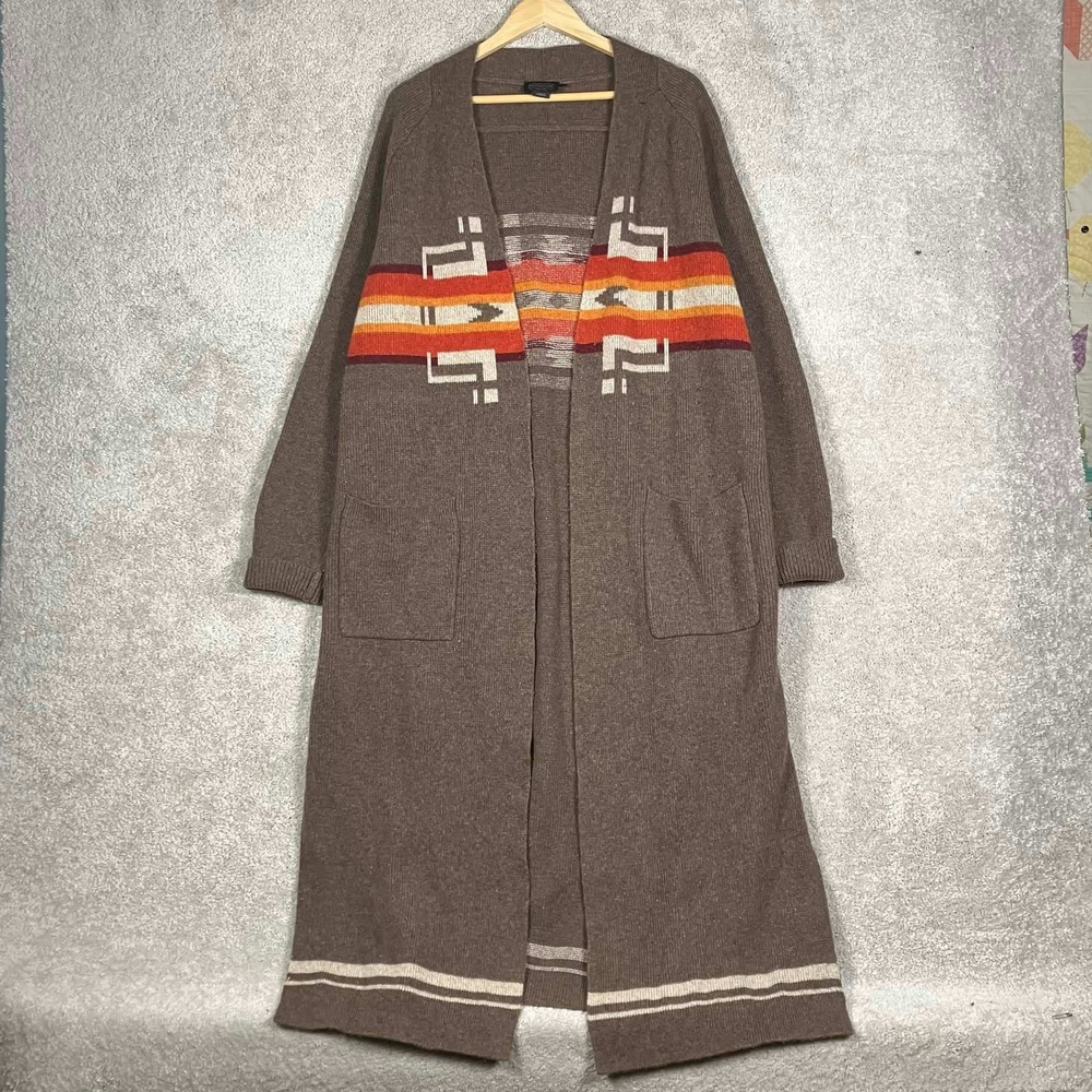 Pendleton Aztec Lambswool Cardigan Duster Brown Sweater Knit Size Large